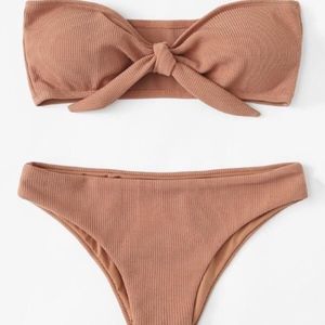 Ribbed Tie Front Bandeau Tan Bikini Set